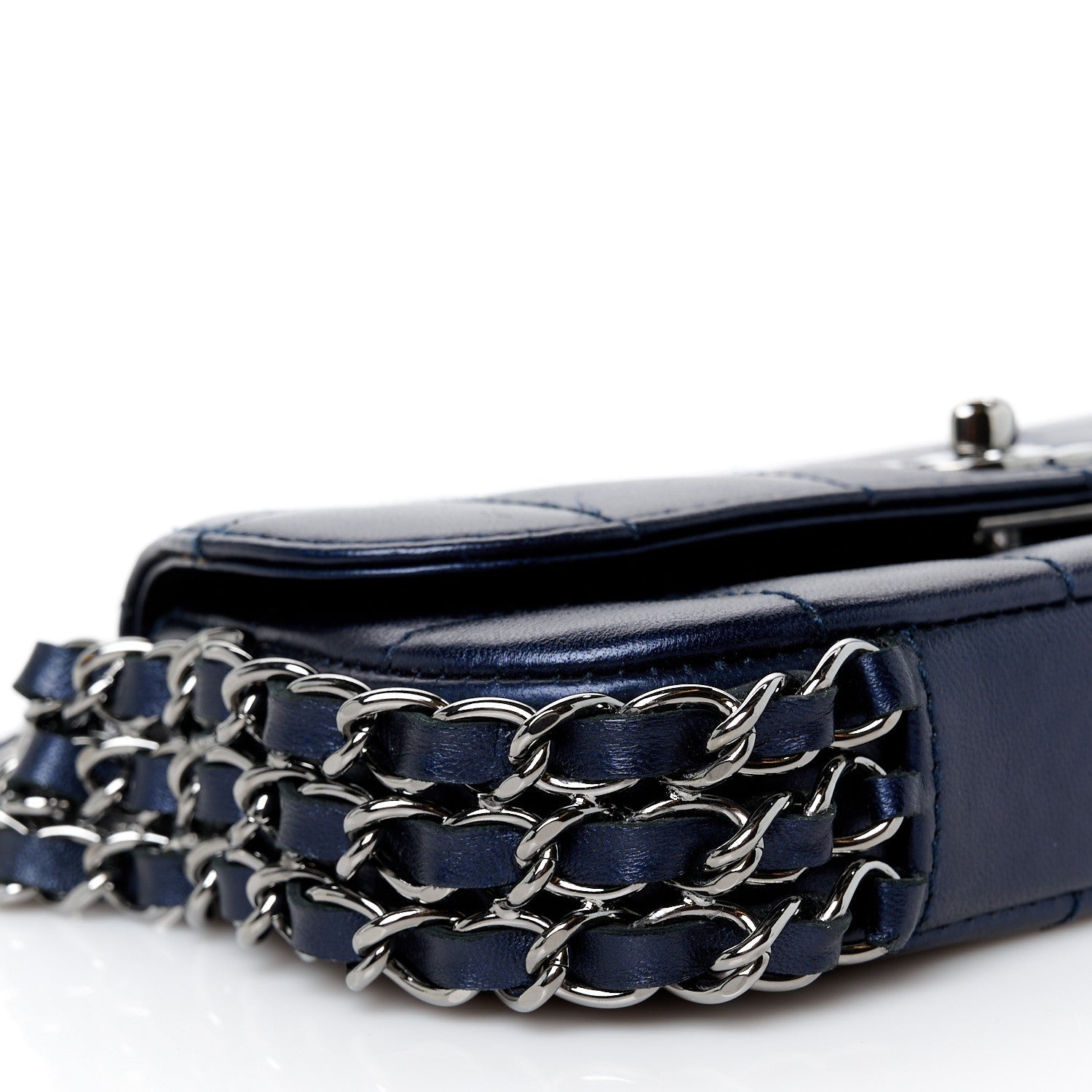 Lambskin Chocolate Bar Quilted 3 Chain Flap Navy Blue