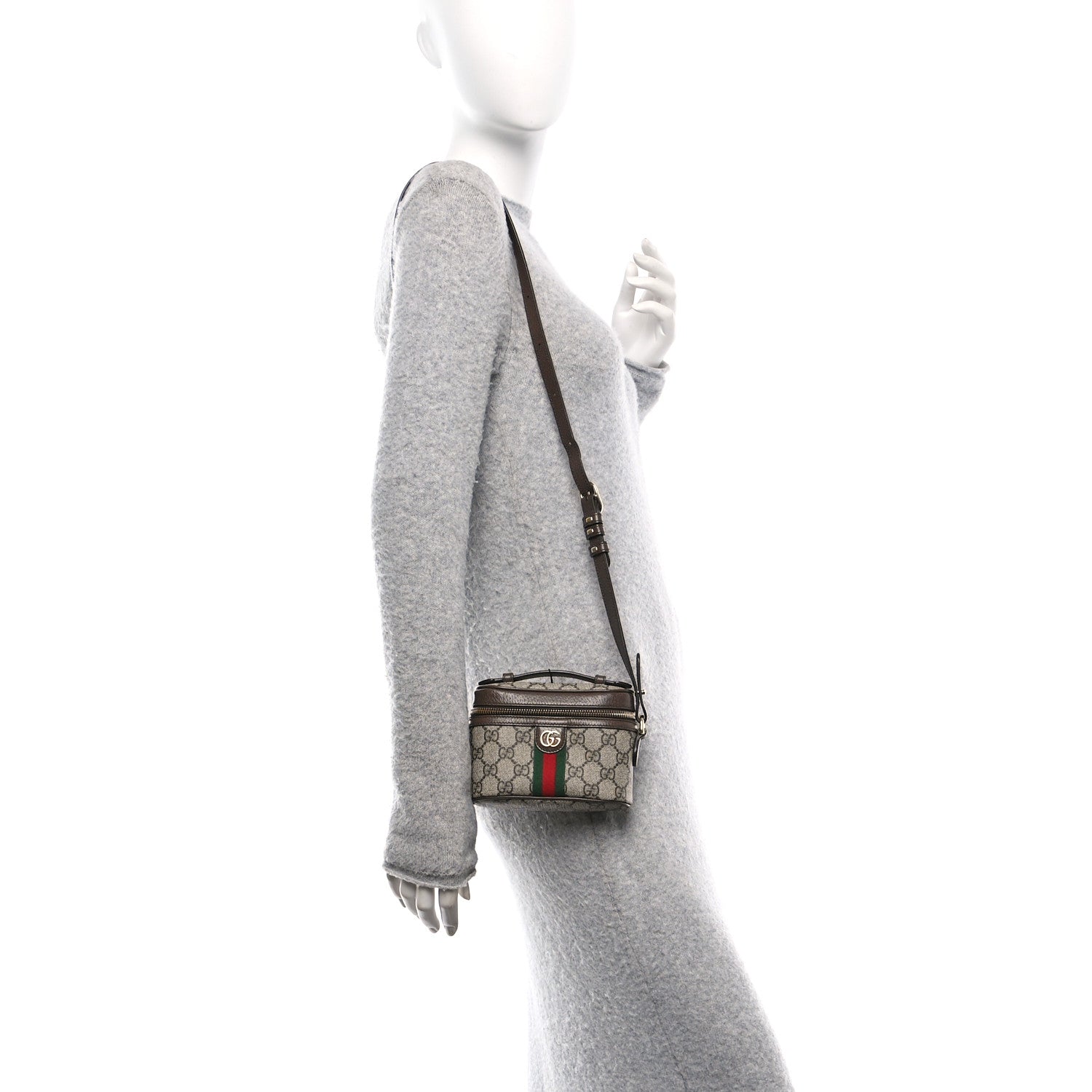 GG Supreme Monogram Textured Calfskin Web Mini Ophidia Top Handle Bag Beige Ebony New Acero