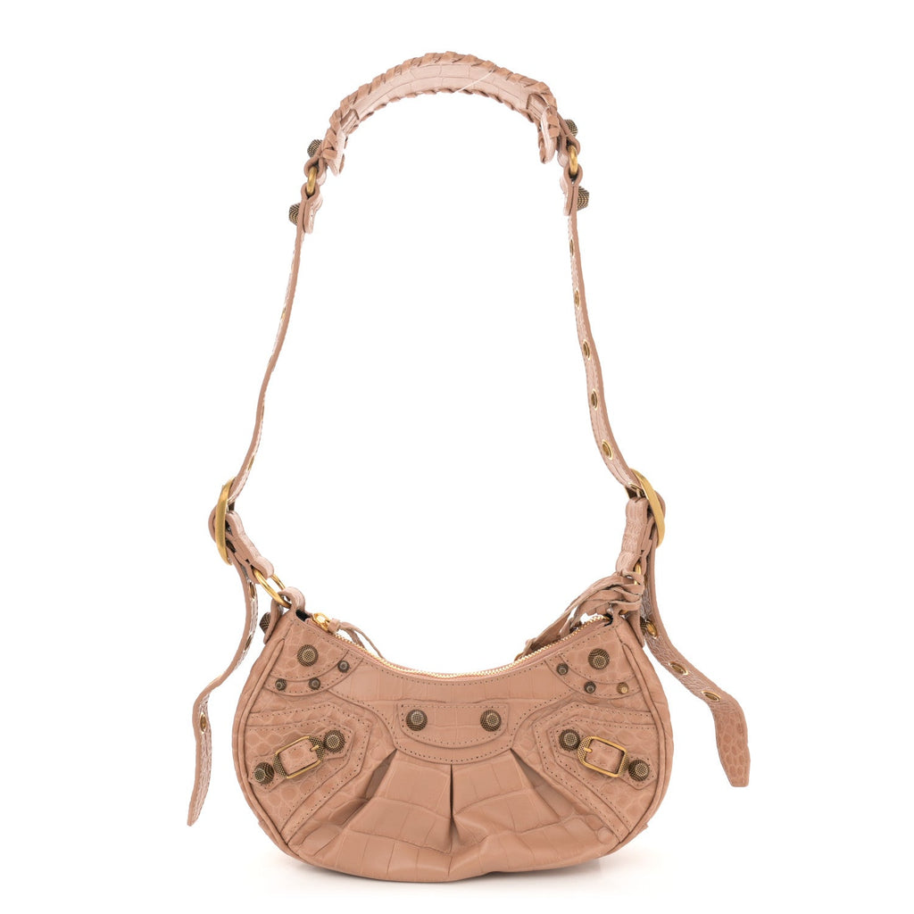 Extra Supple Calfskin Crocodile Embossed Le Cagole Shoulder Bag XS Nude Beige