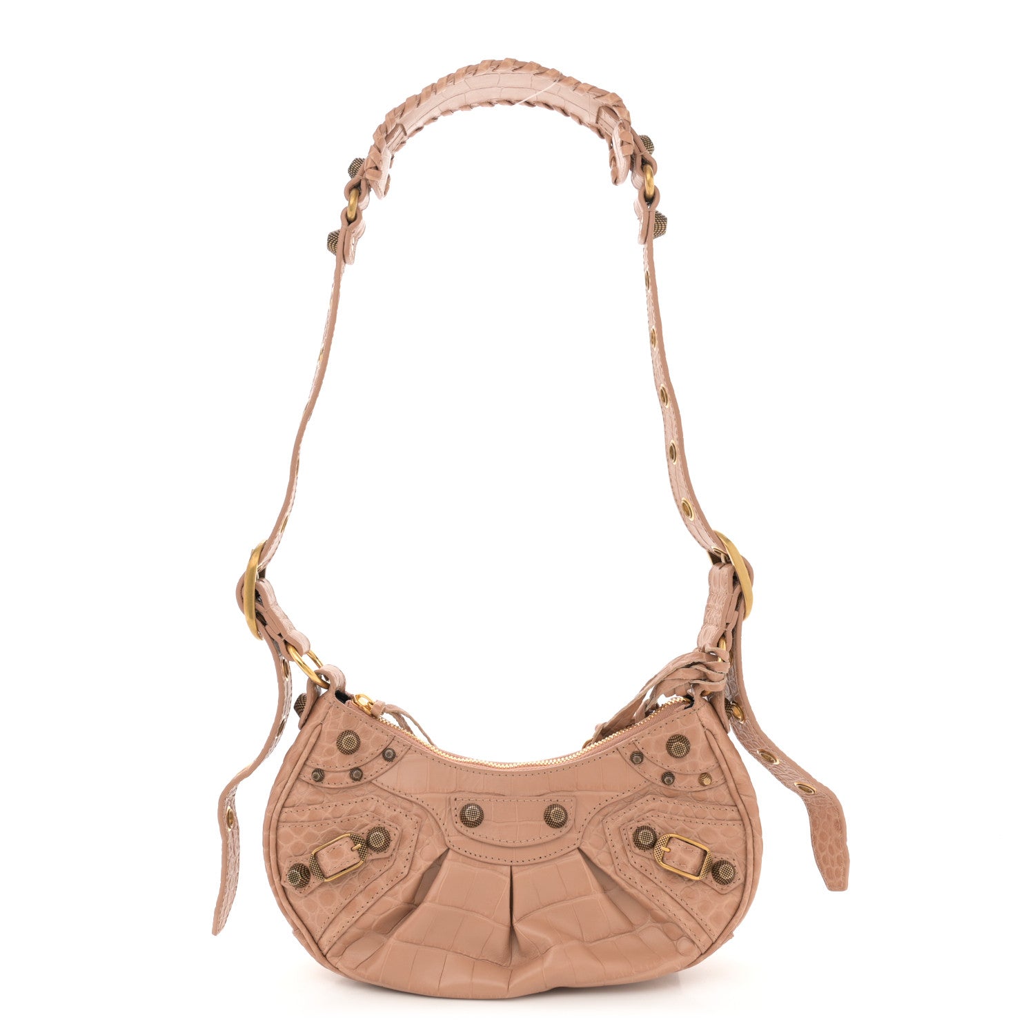 Extra Supple Calfskin Crocodile Embossed Le Cagole Shoulder Bag XS Nude Beige