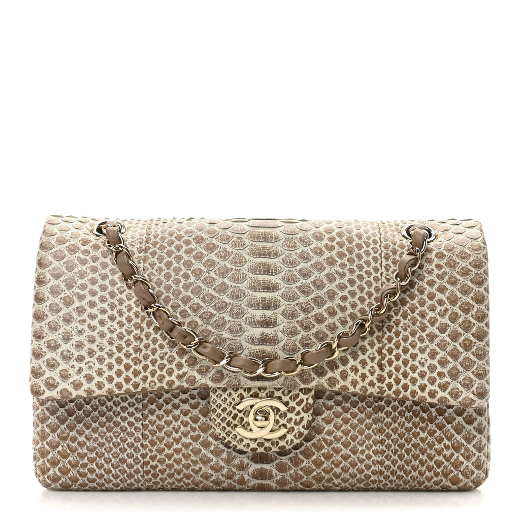 Snakeskin Medium Double Flap Beige