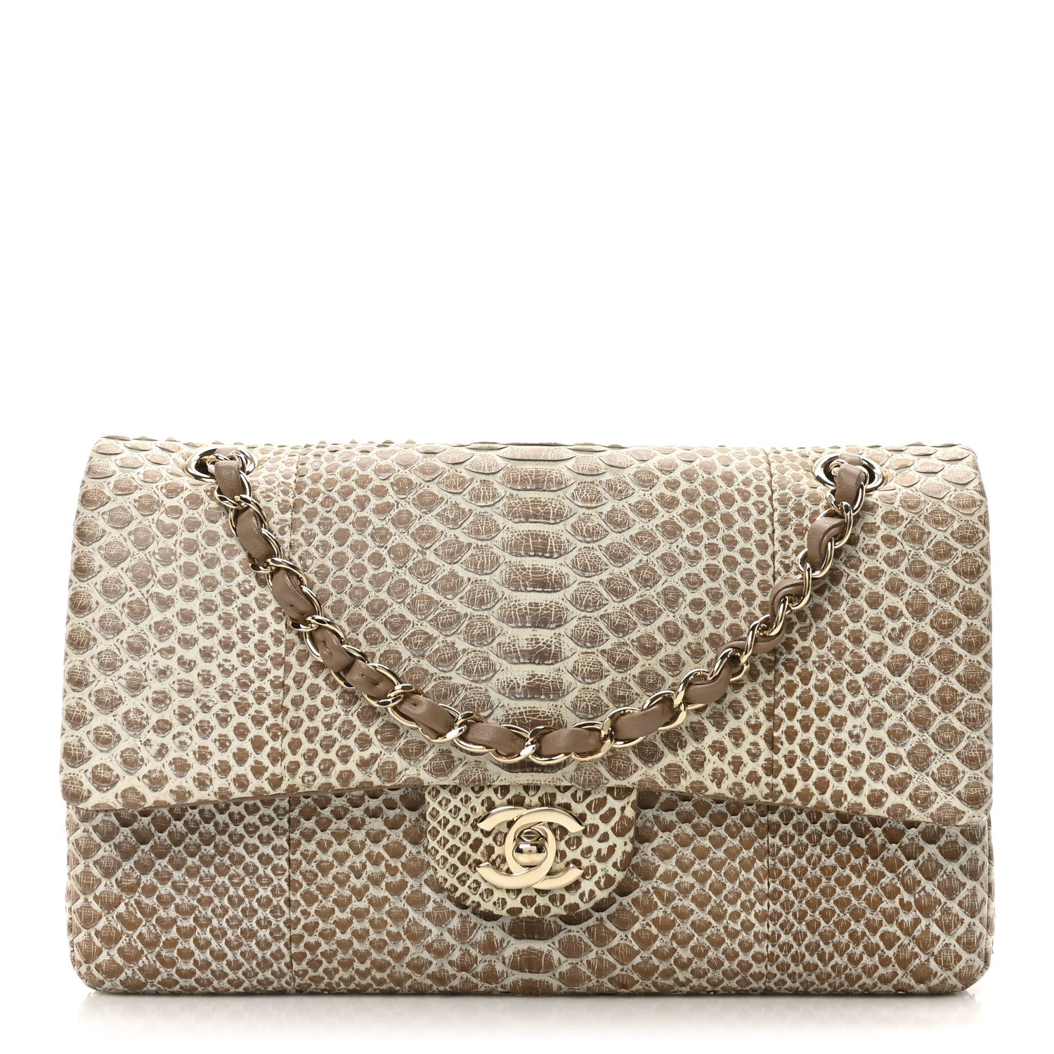 Snakeskin Medium Double Flap Beige