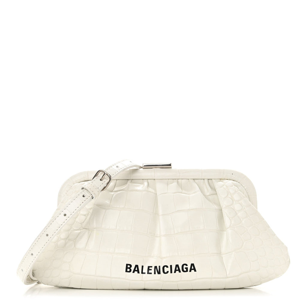 Shiny Supple Calfskin Logo Crocodile Embossed Cloud Clutch XS White