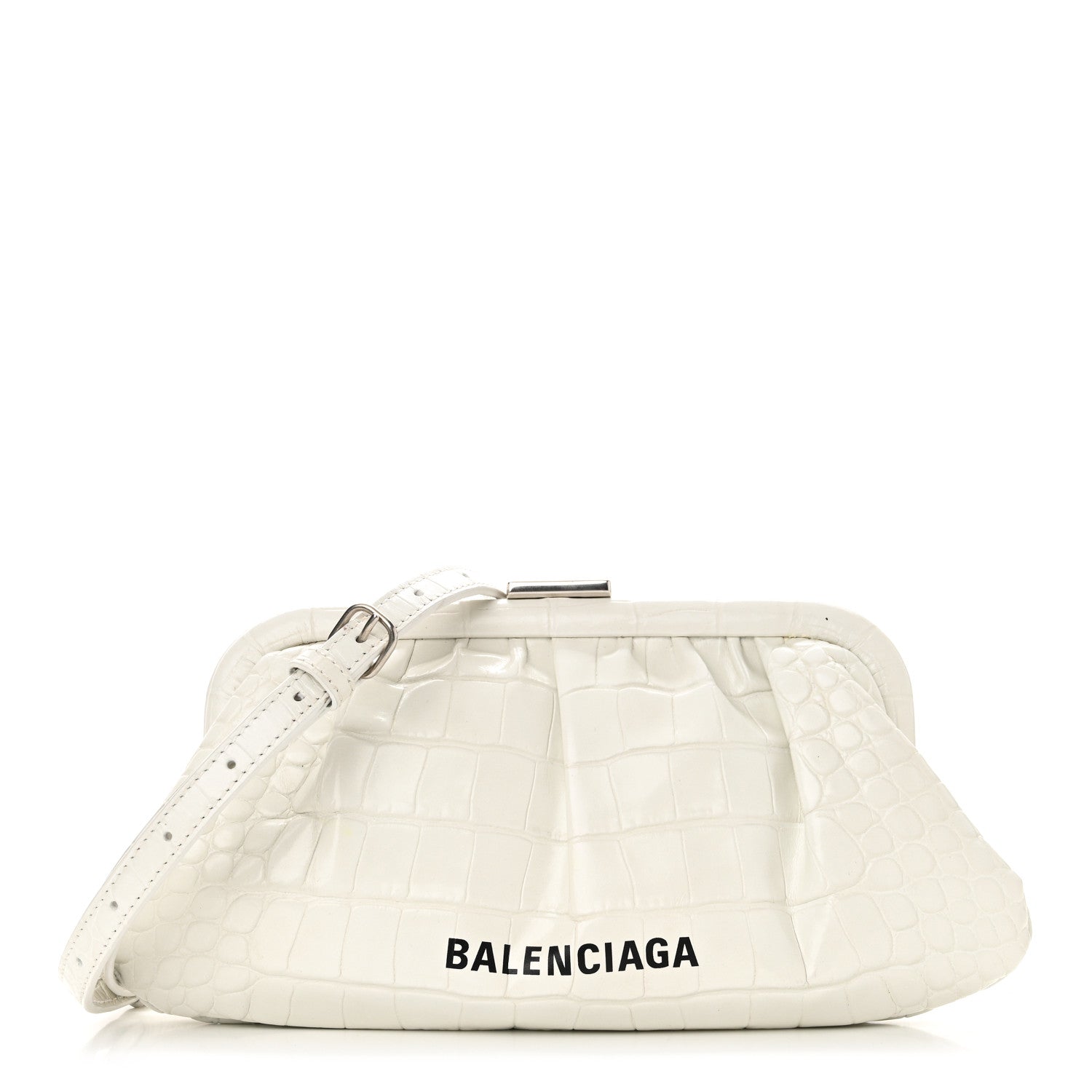 Shiny Supple Calfskin Logo Crocodile Embossed Cloud Clutch XS White