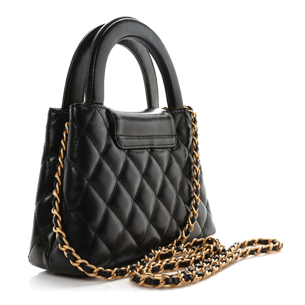 Shiny Aged Calfskin Quilted Nano Kelly Shopper Black