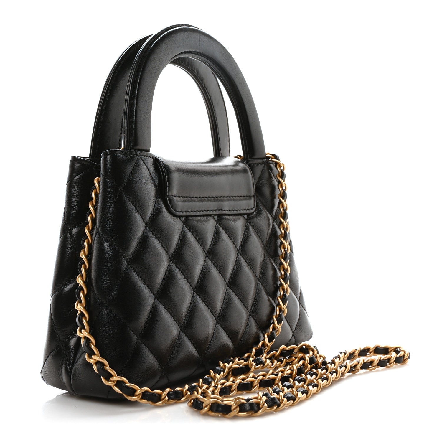 Shiny Aged Calfskin Quilted Nano Kelly Shopper Black