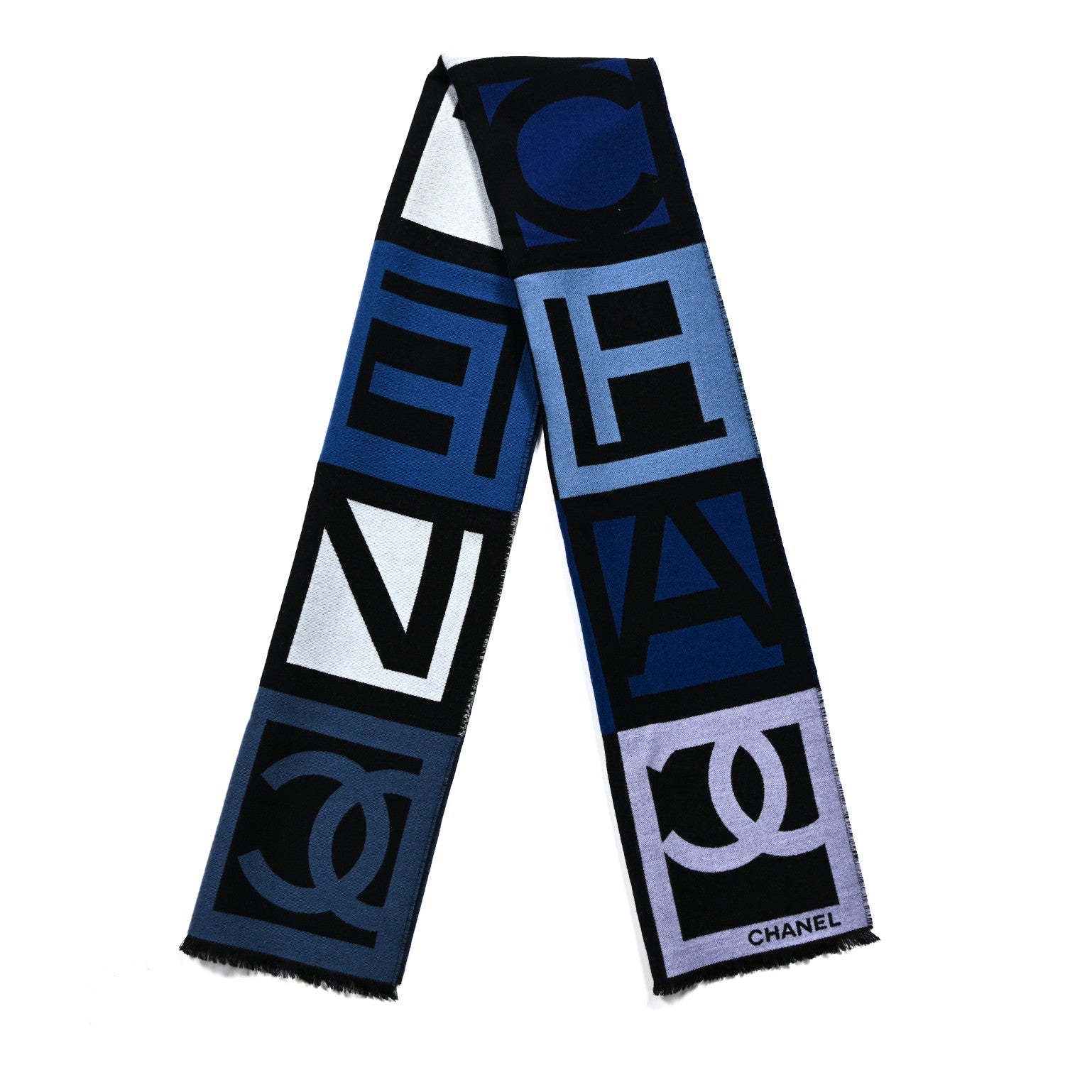 Wool Silk CC Logo Stole Black Blue