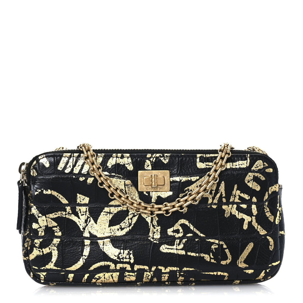Calfskin Crocodile Embossed Graffiti 2.55 Cocodile Reissue Clutch With Chain Black Gold