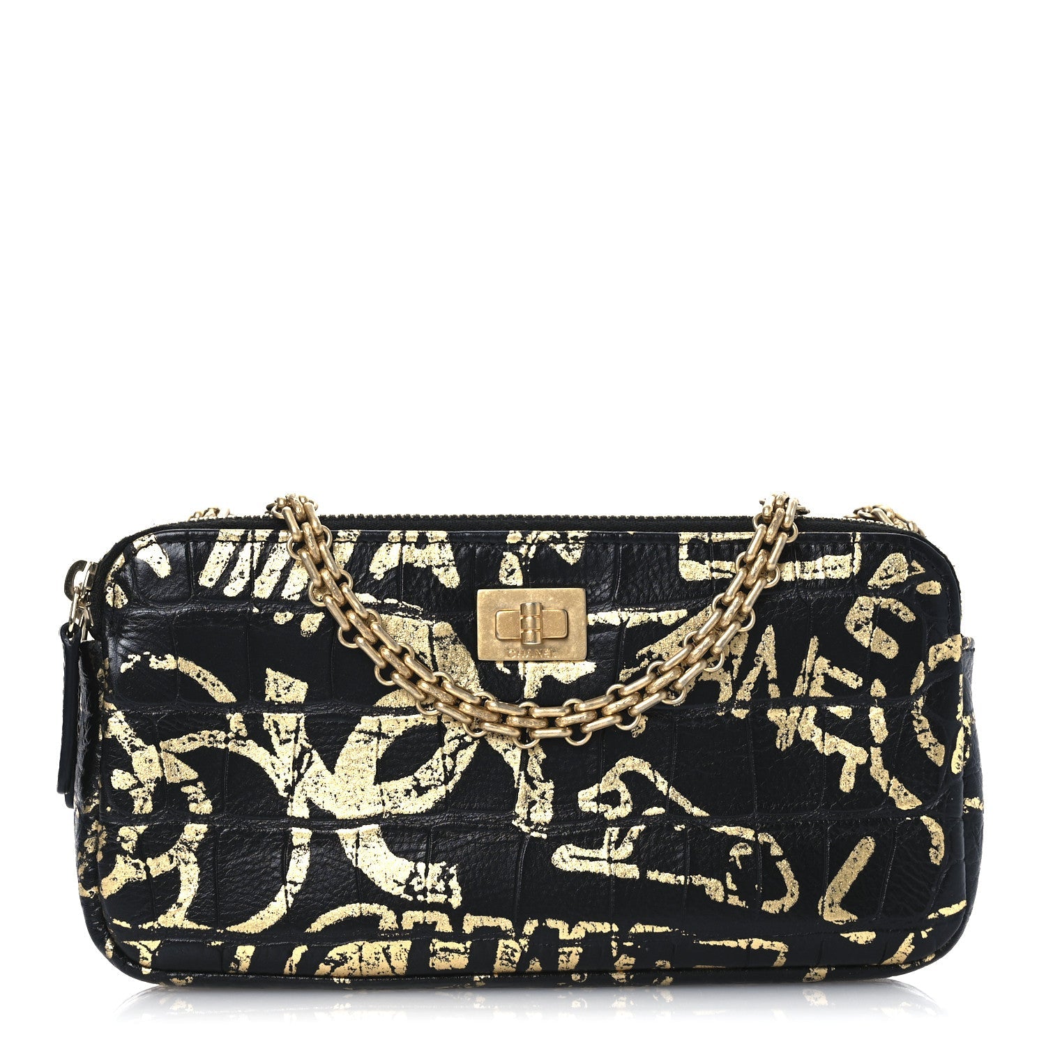Calfskin Crocodile Embossed Graffiti 2.55 Cocodile Reissue Clutch With Chain Black Gold