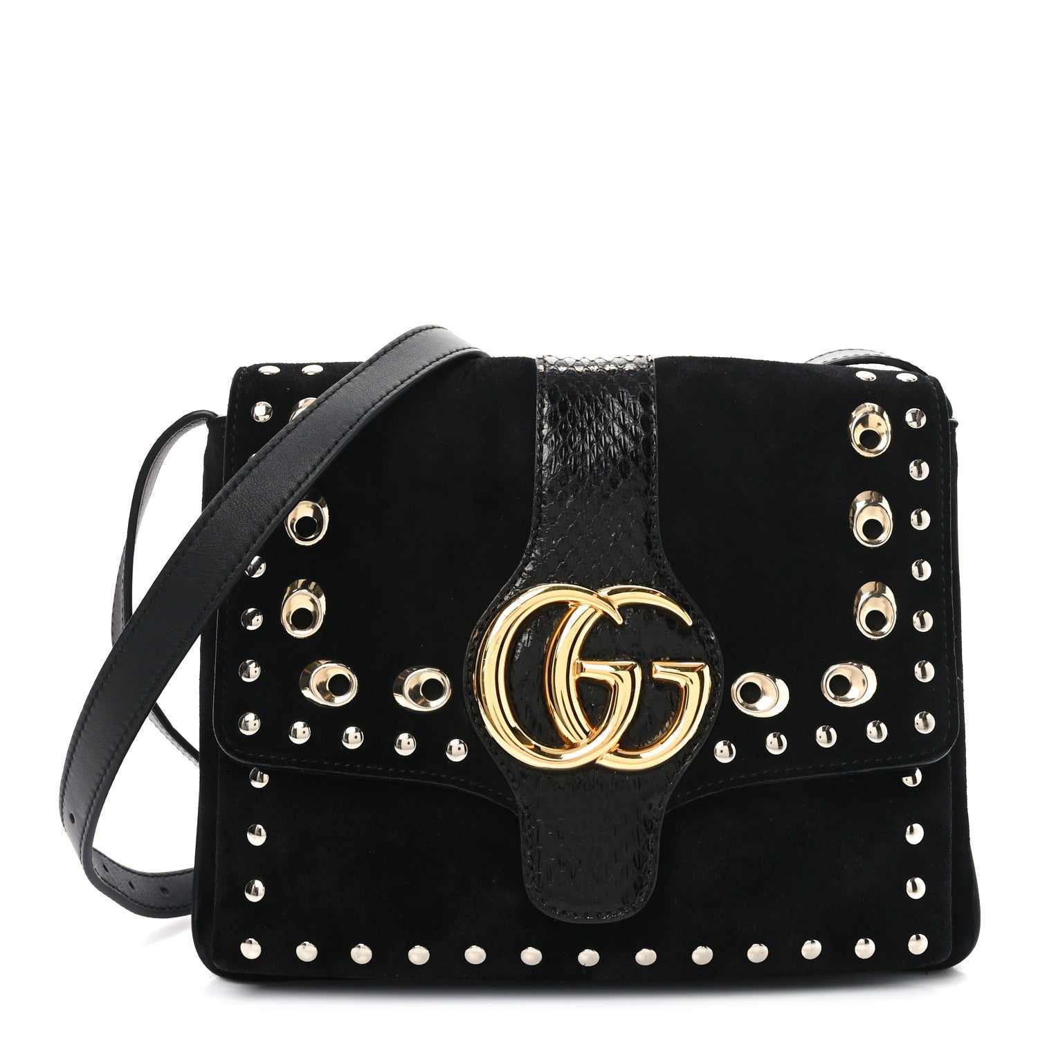 Suede Snakeskin Studded Medium Arli Flap Shoulder Bag Black