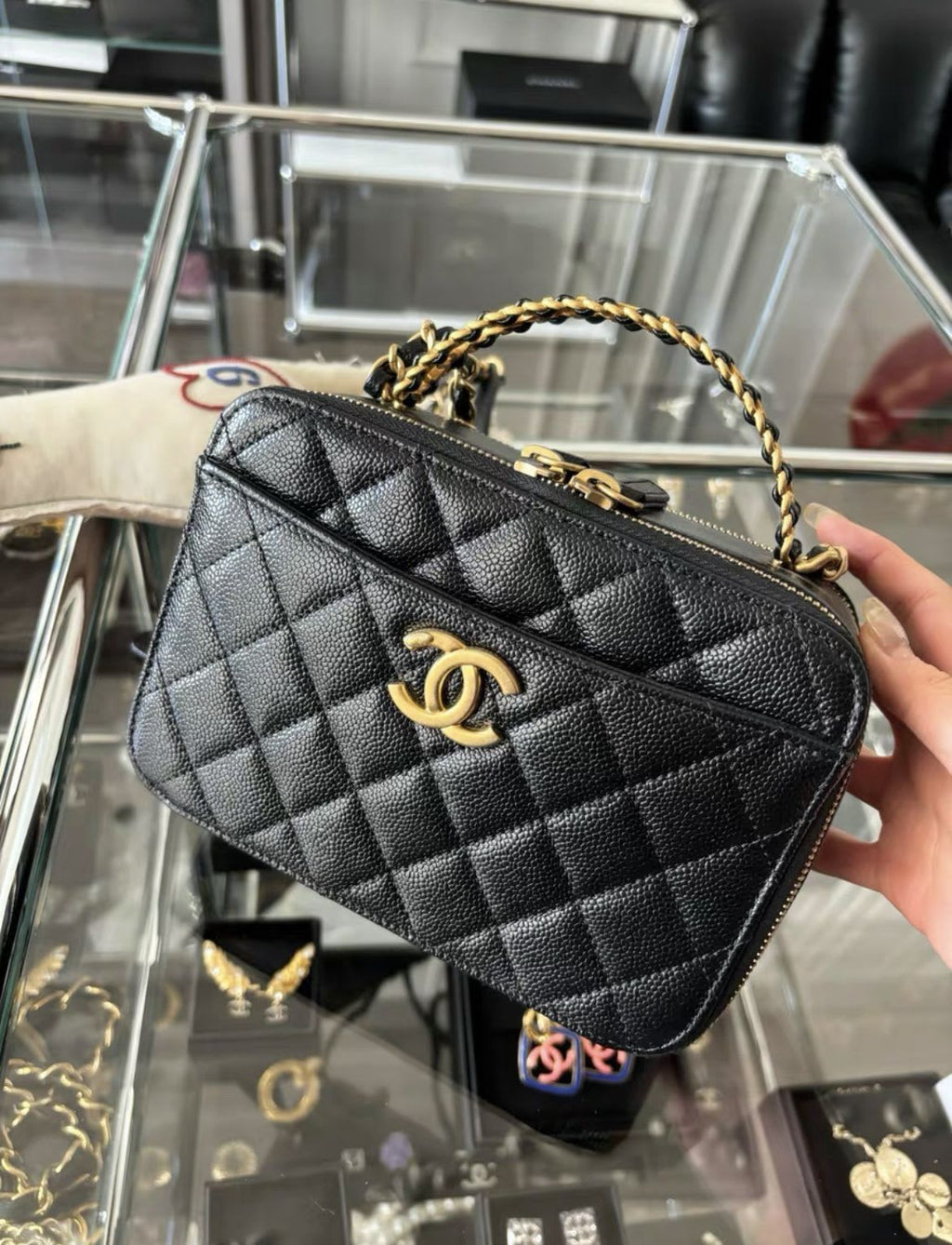 CHANEL 22S LETTER TOP HANDLE SMALL VANITY CASE CAVIAR BLACK BRUSHED GHW