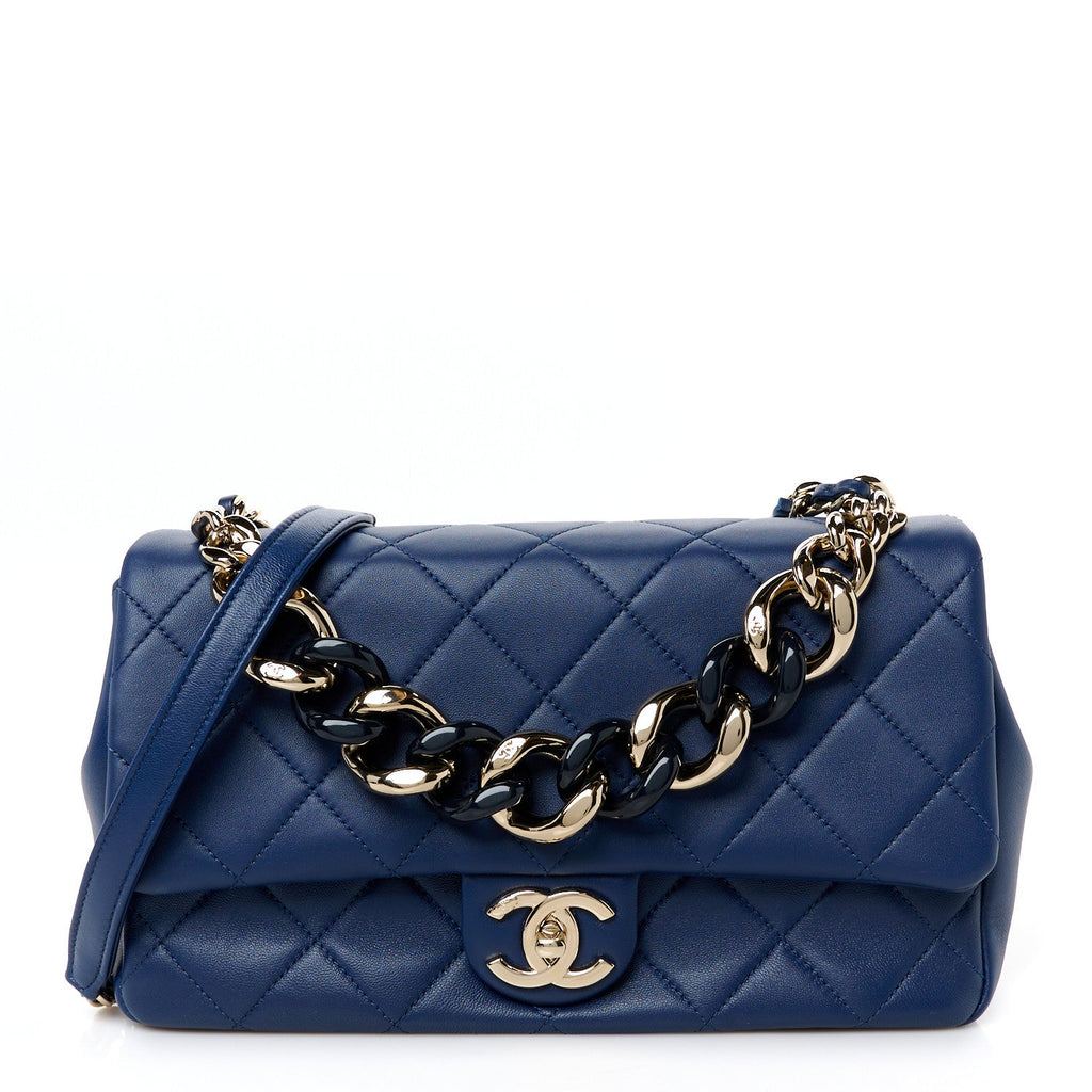 Lambskin Quilted Resin Bi-Color Chain Flap Bag Navy