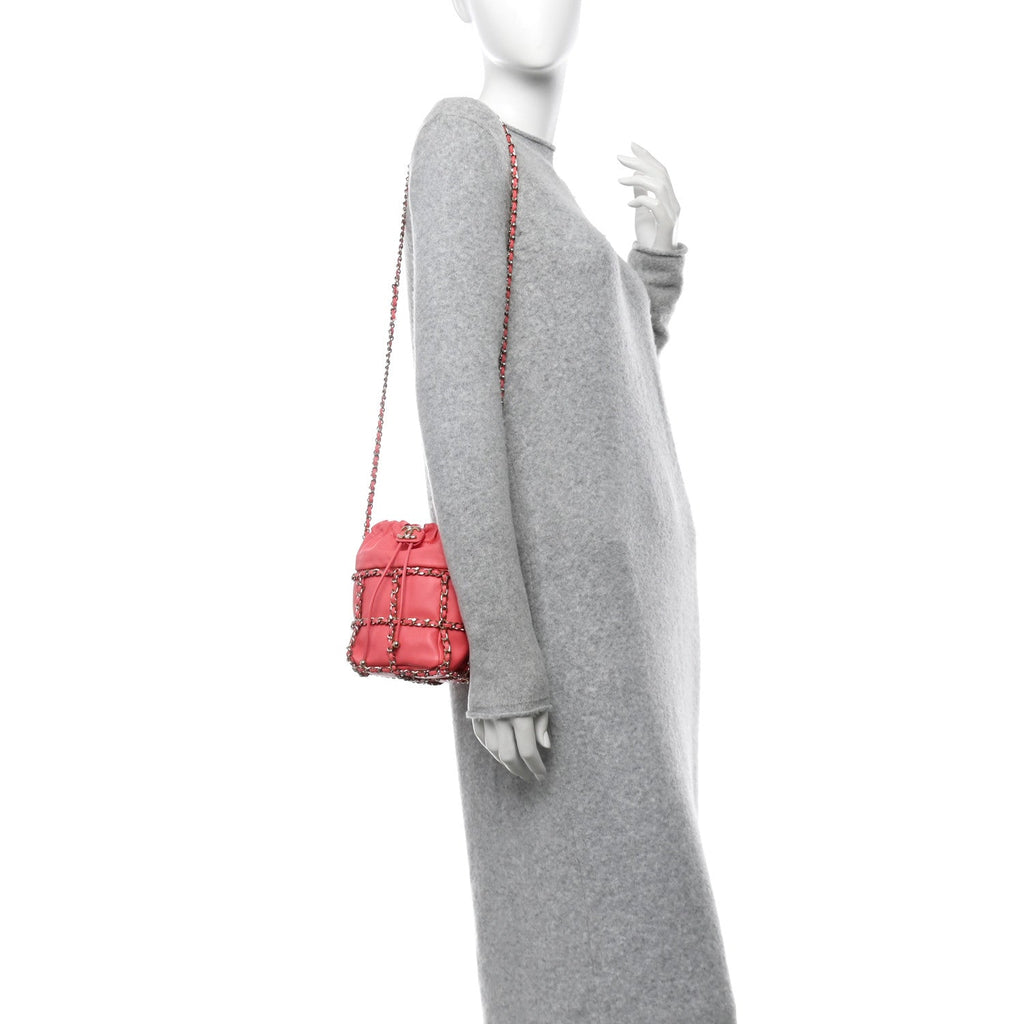 Lambskin Bucket Chain Drawstring Bag Pink
