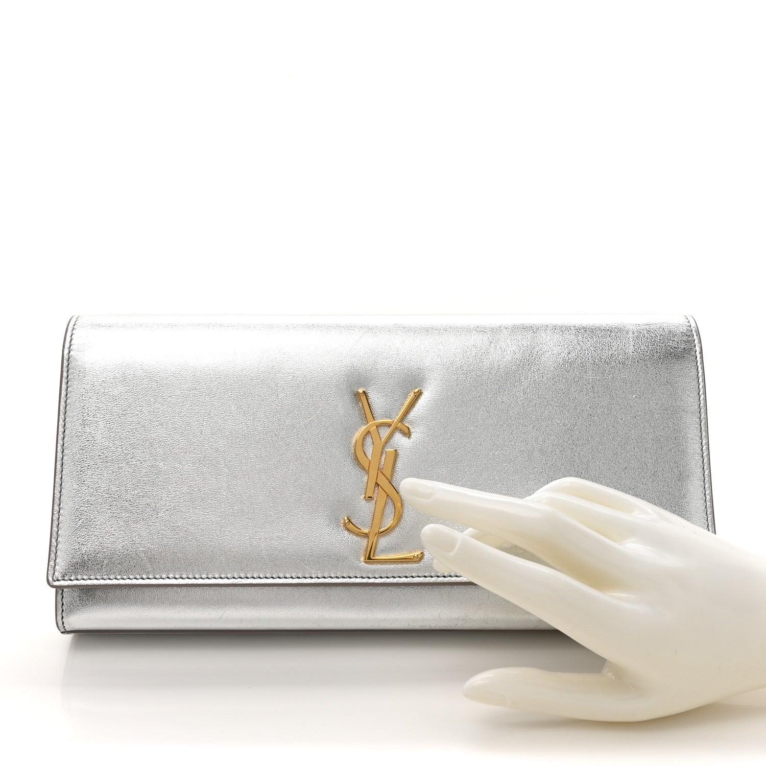 Textured Metallic Calfskin Classic Monogram Cassandre Clutch Silver