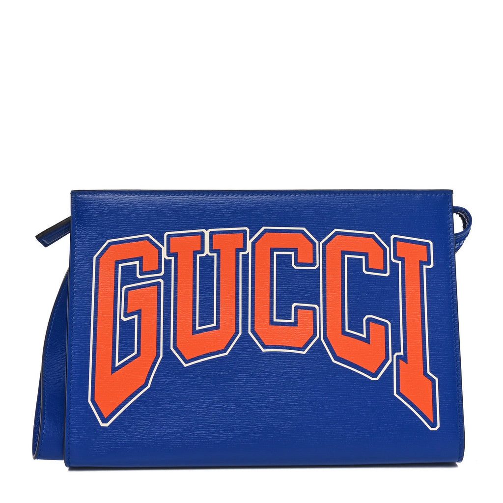 New Shanghai Calfskin Interlocking G Logo Wristlet Pouch Cobalt Blue Orange