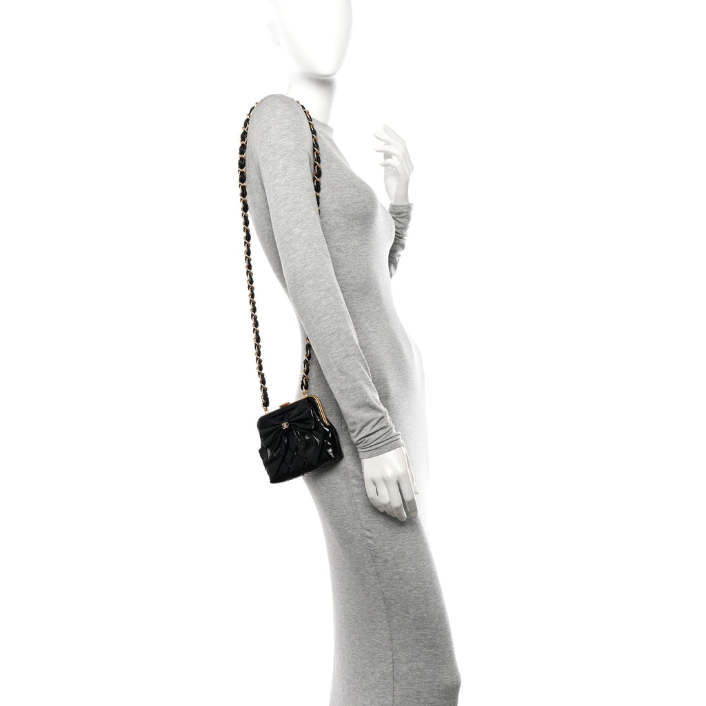 Patent Crumpled Lambskin Quilted Maxi Bow Clutch With Chain Black