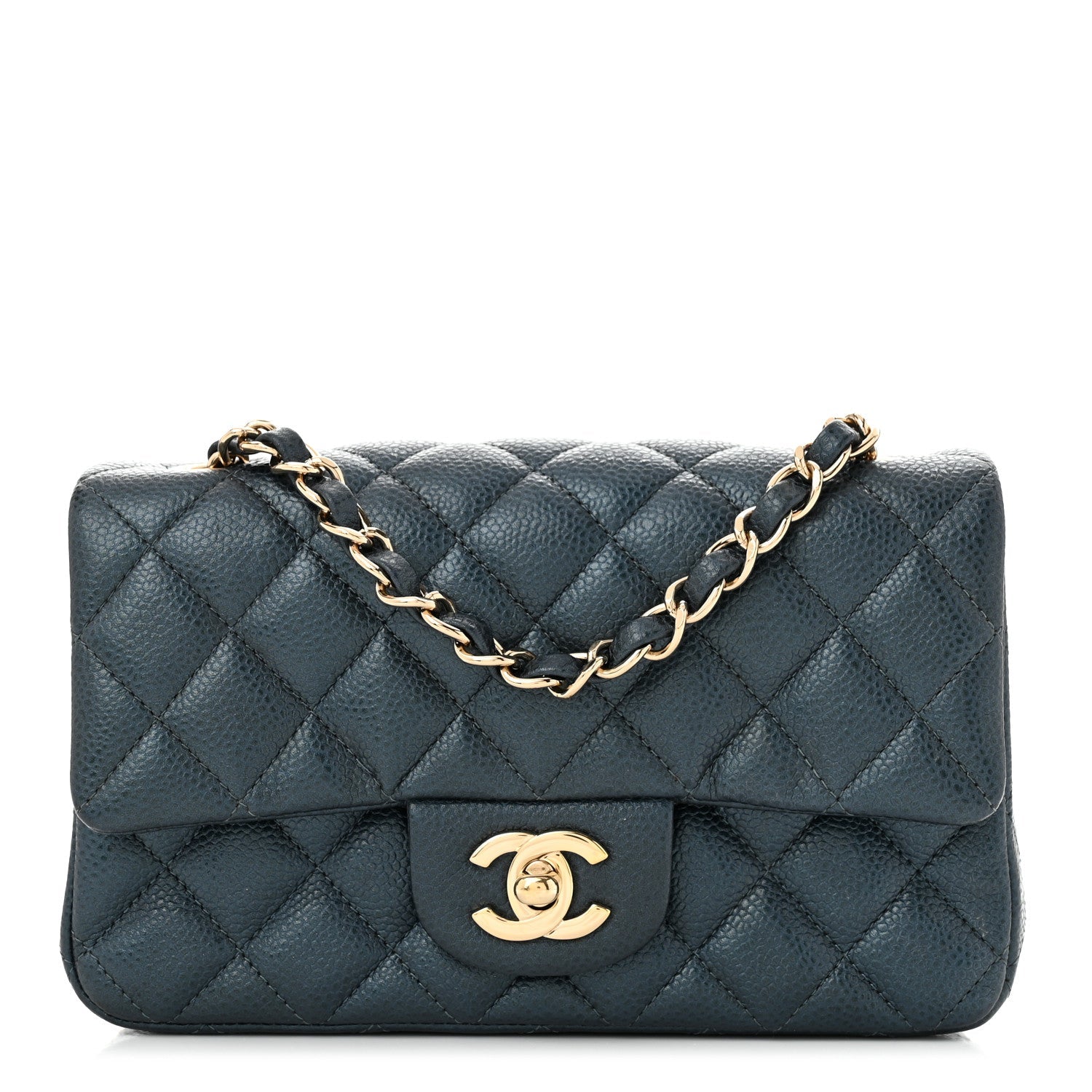 Iridescent  Caviar Quilted Mini Rectangular Flap  Dark Blue