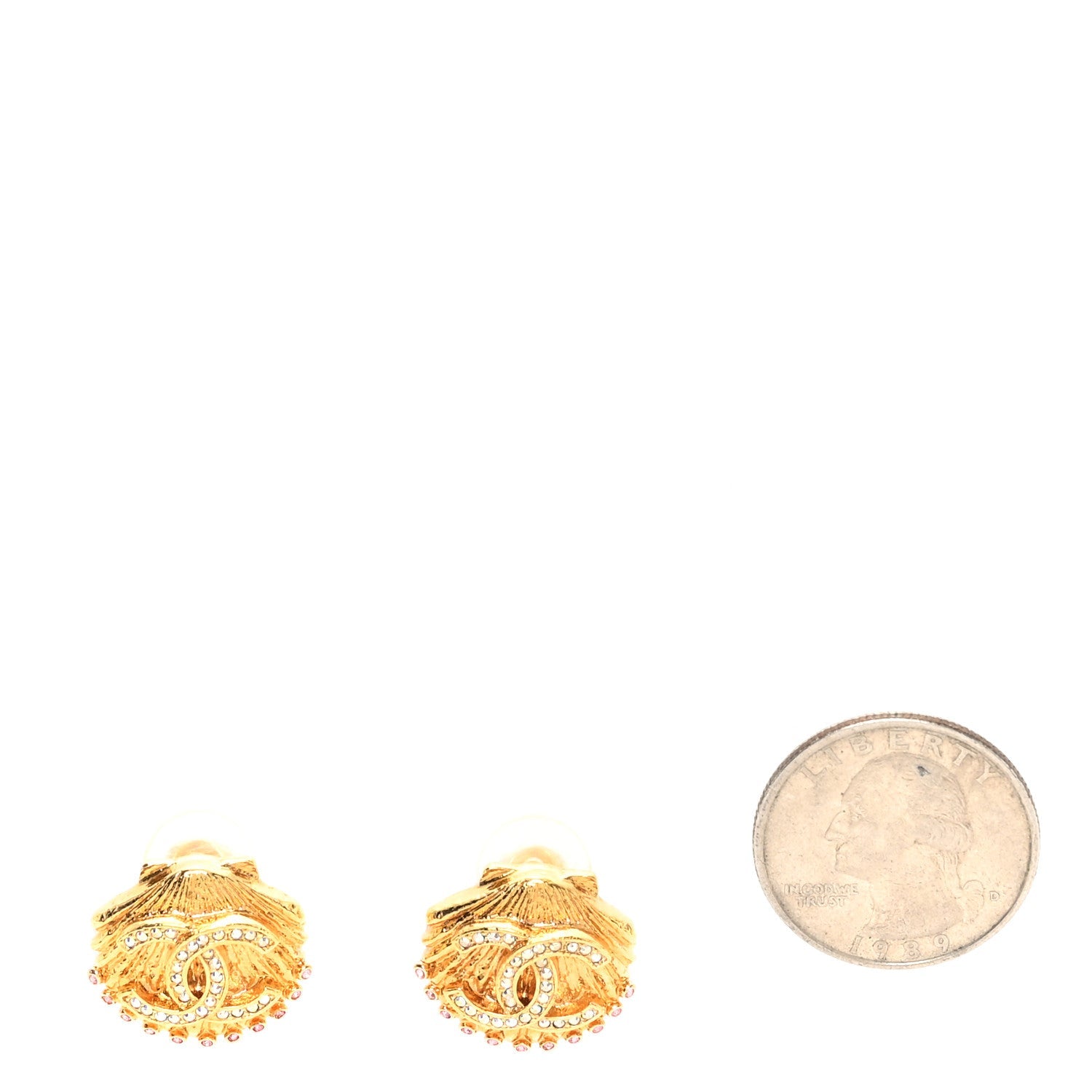 Crystal CC Shell Clip On Earrings Gold