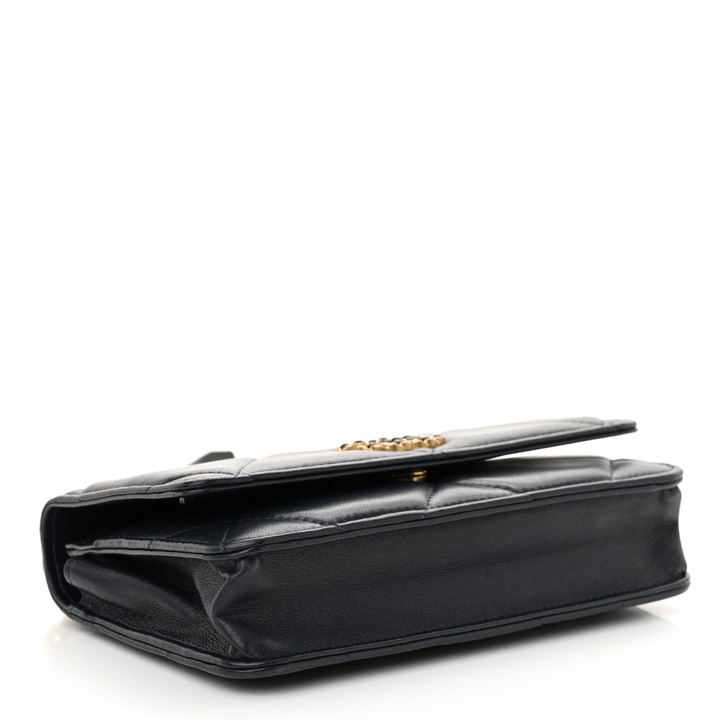 Lambskin Quilted Chanel 19 Wallet On Chain WOC Navy Blue