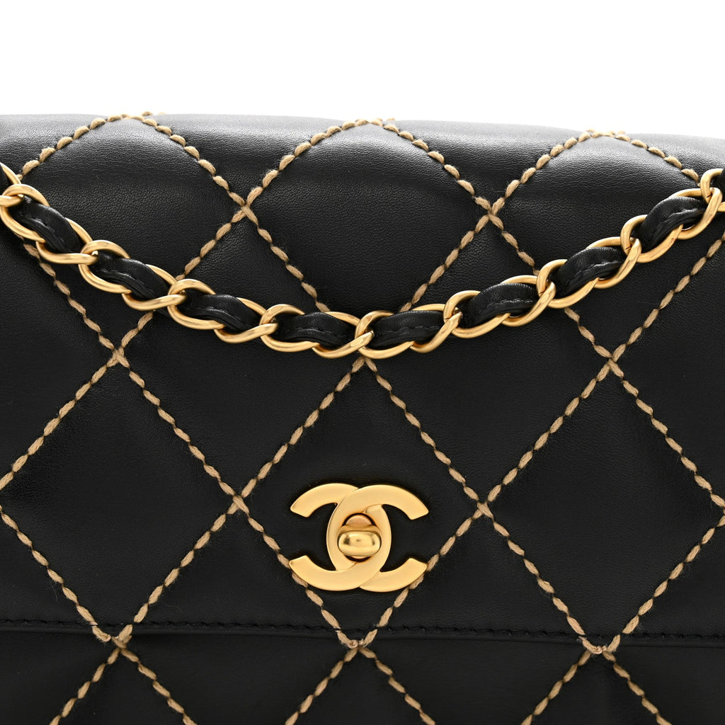 Calfskin Quilted Contrast Stitch Medium Flap Black