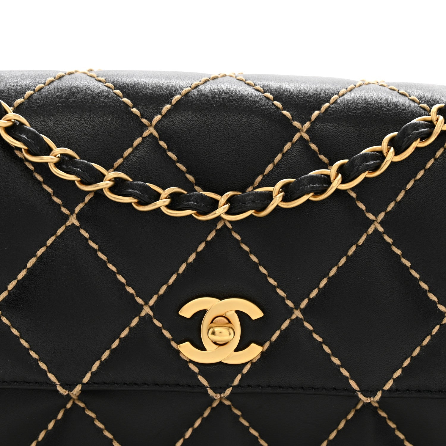Calfskin Quilted Contrast Stitch Medium Flap Black