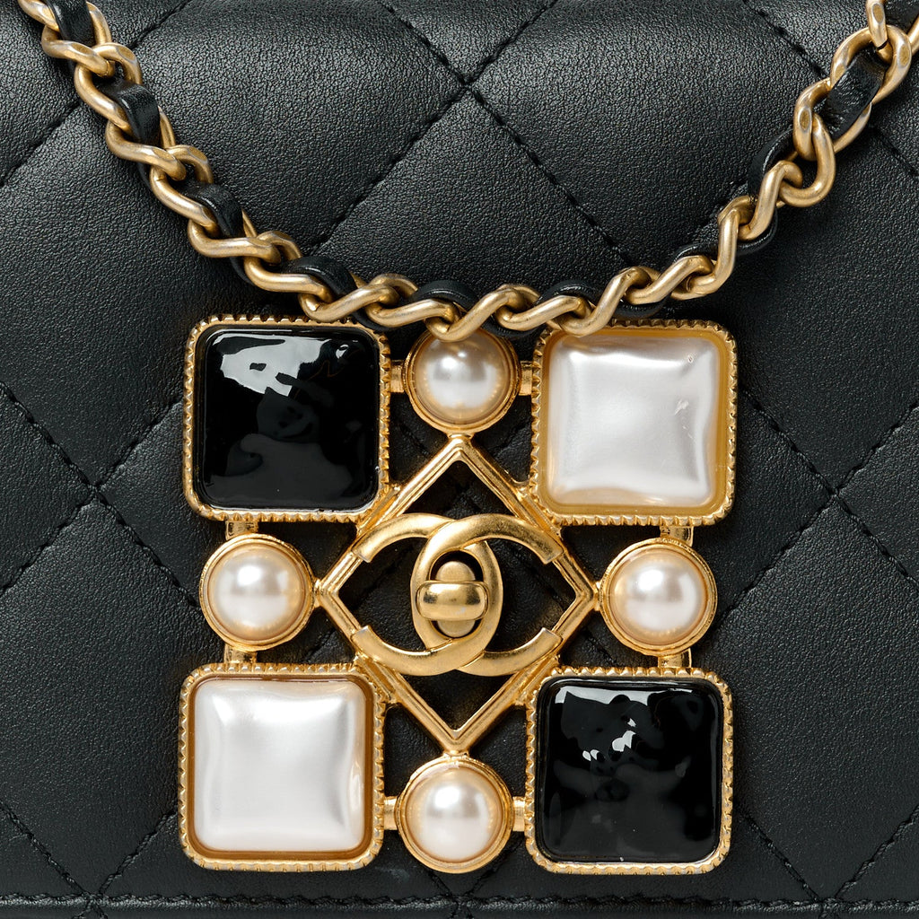 Calfskin Quilted Crystal Pearl Mini Flap Bag Black
