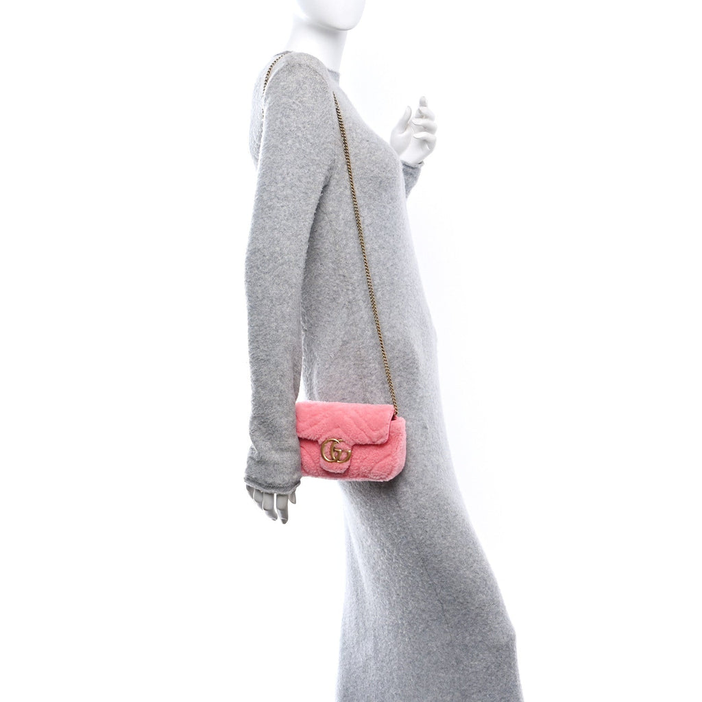 Shearling Matelasse Super Mini GG Marmont Shoulder Bag Lotus Pink