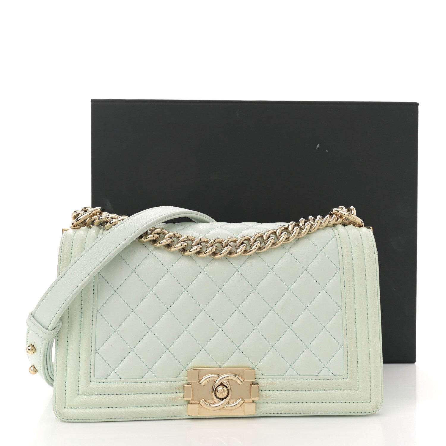 Lambskin Quilted Medium Boy Flap Light Green