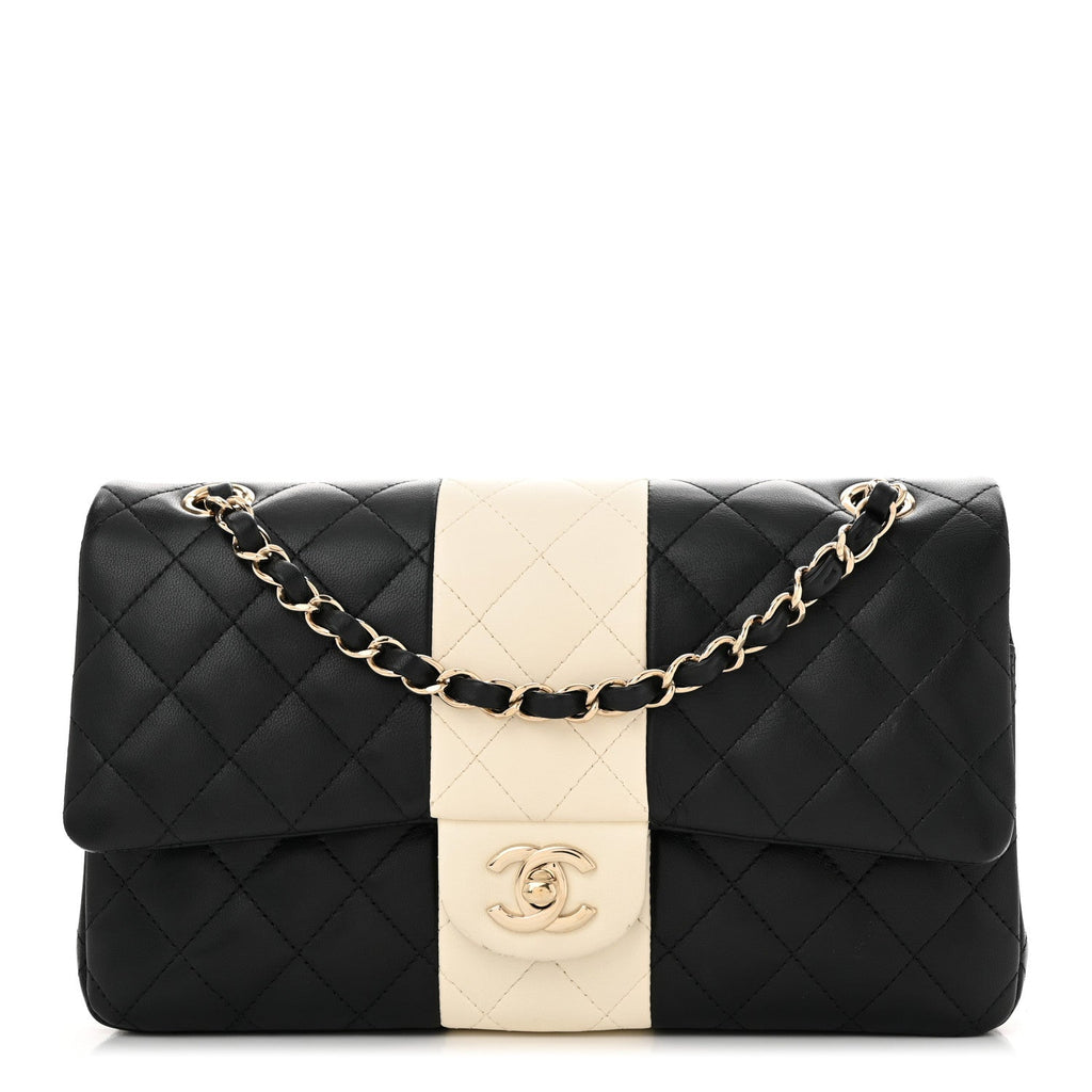 Lambskin Quilted Medium Double Flap Black White