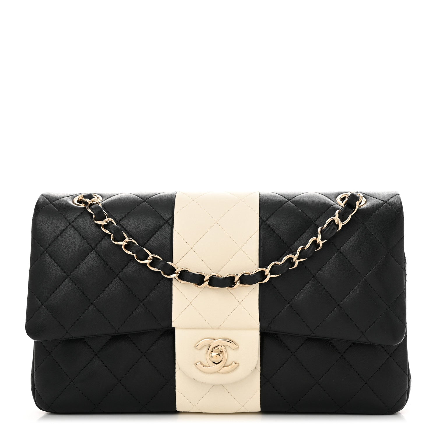 Lambskin Quilted Medium Double Flap Black White