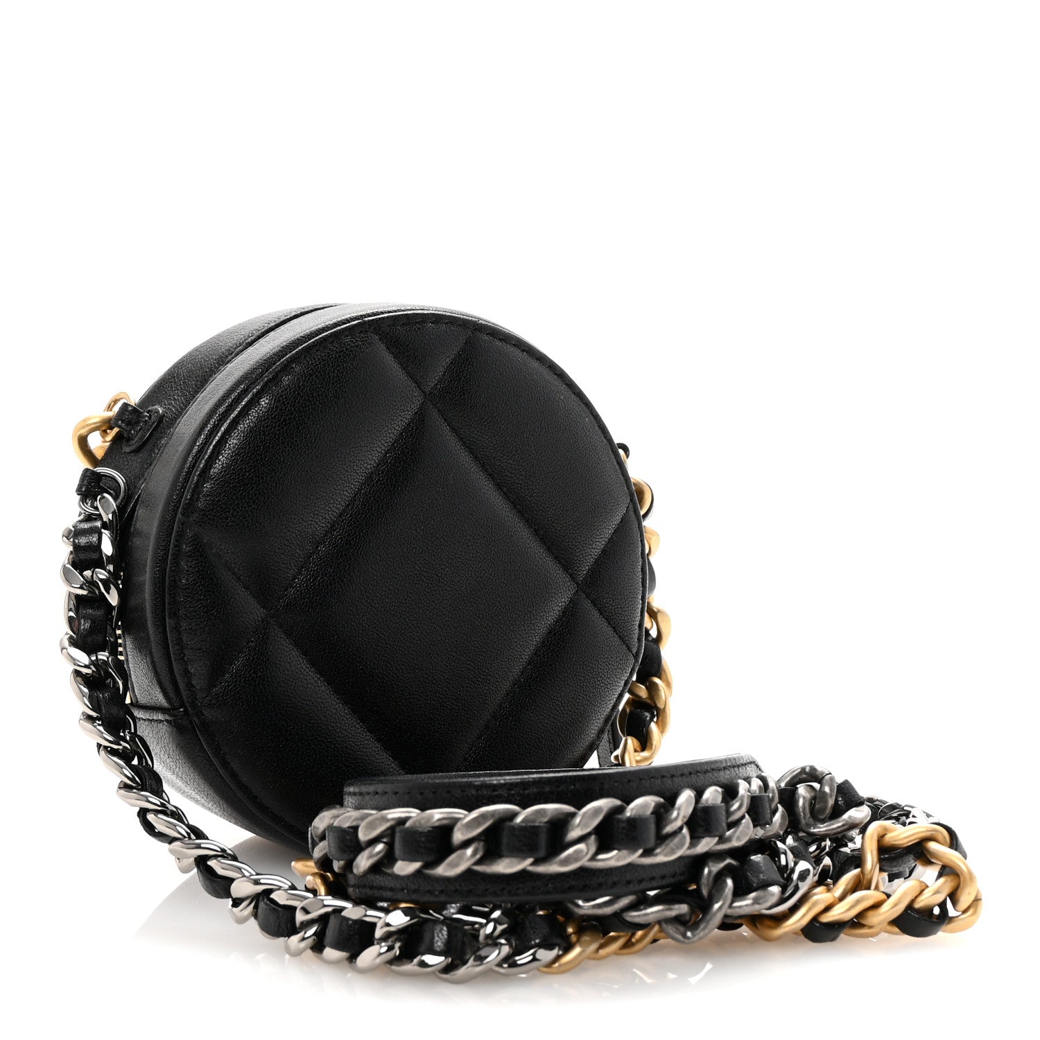 Shiny Goatskin Quilted Chanel 19 Round Clutch With Chain Black