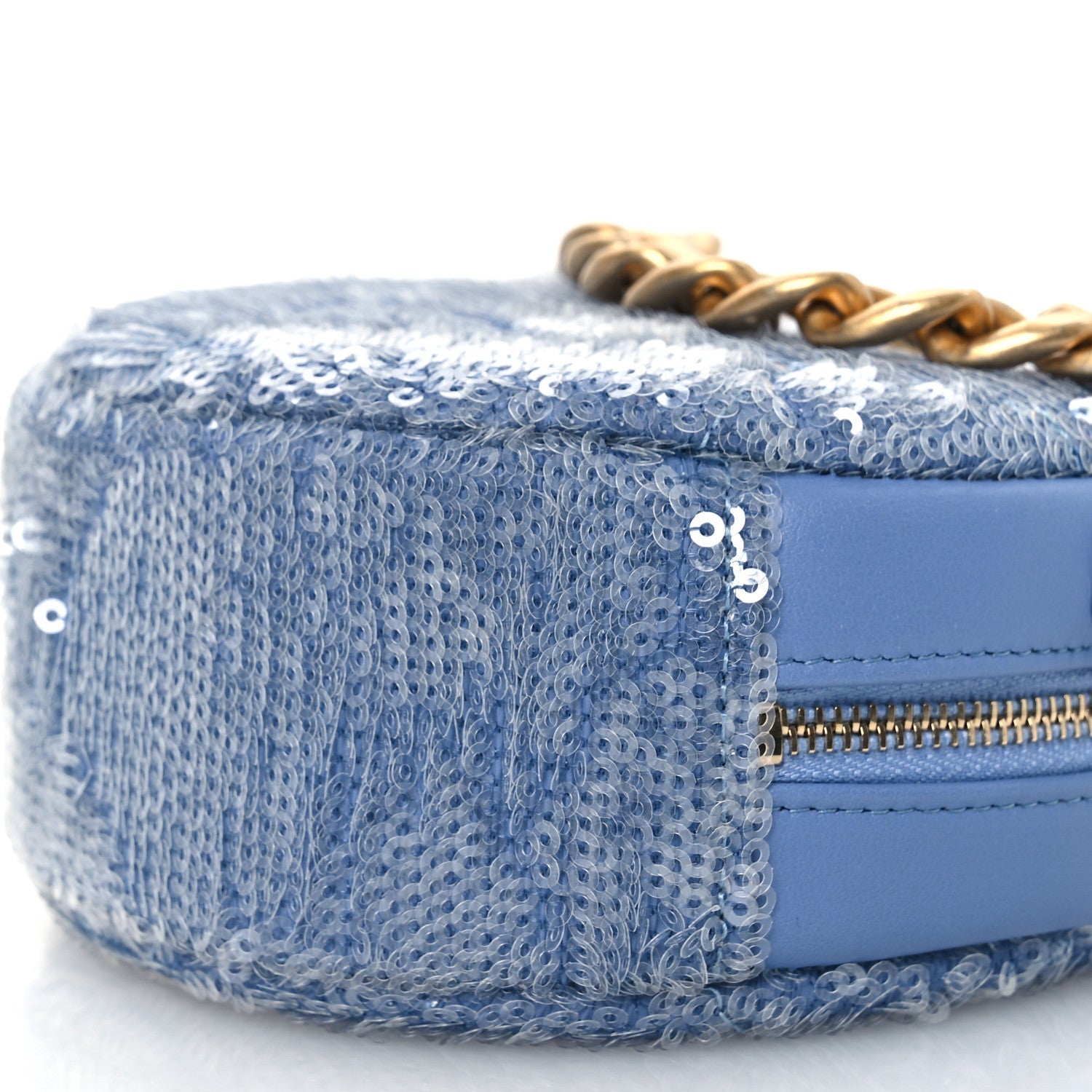 Sequin Chanel 19 Round Clutch With Chain Light Blue