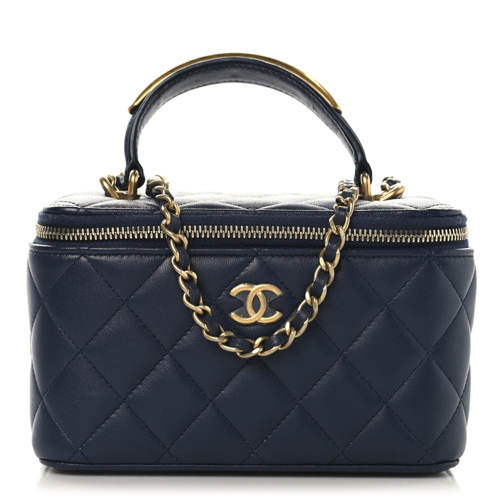 Lambskin Quilted Metal Small Top Handle Vanity Case With Chain Blue