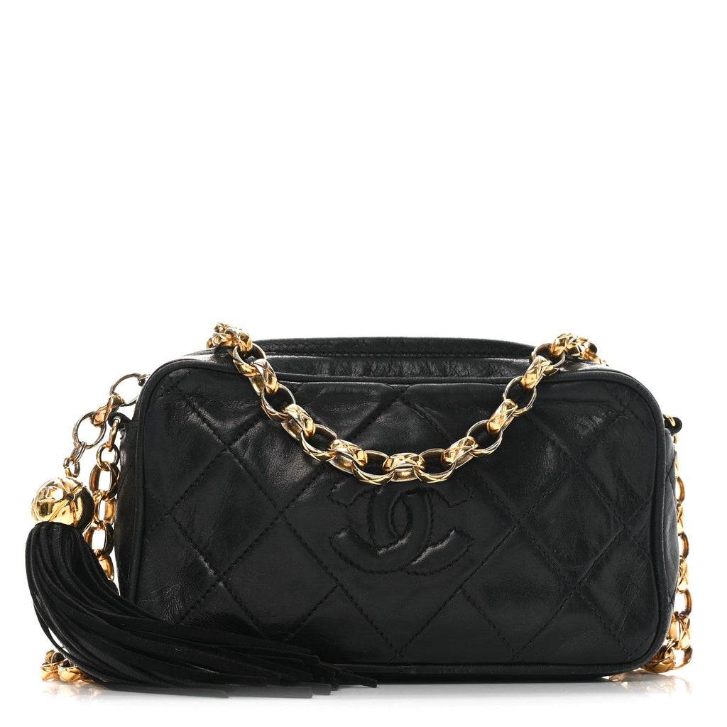 Lambskin Quilted Tassel Camera Case Black