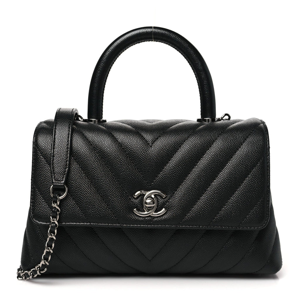 Caviar Chevron Quilted Mini Coco Handle Flap Black