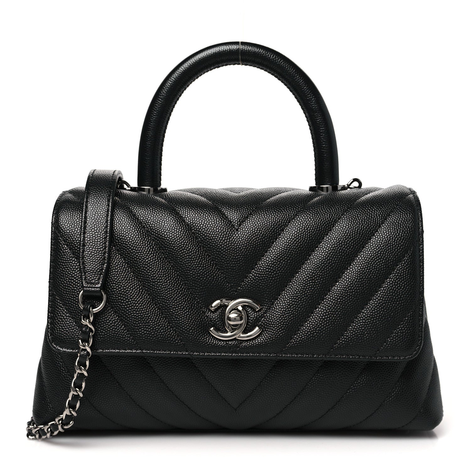 Caviar Chevron Quilted Mini Coco Handle Flap Black
