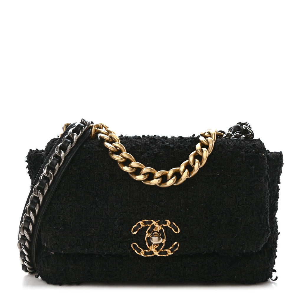Tweed Quilted Medium Chanel 19 Flap Black