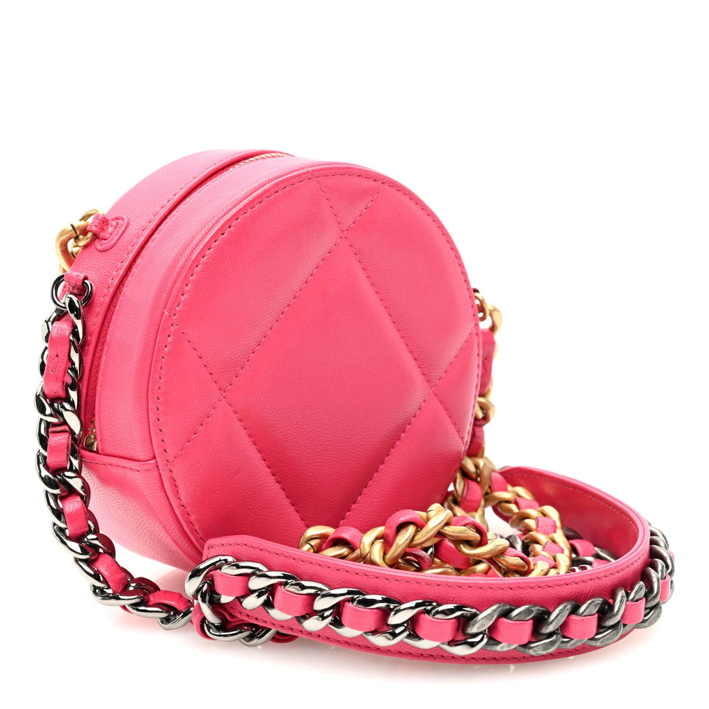 Goatskin Quilted Chanel 19 Round Clutch With Chain Dark Pink