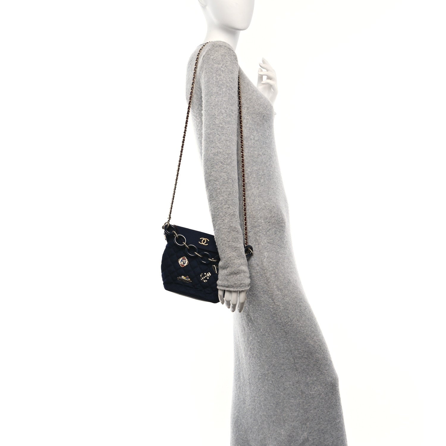 Wool Lambskin Quilted Paris Hamburg Charms Bucket Bag Dark Navy