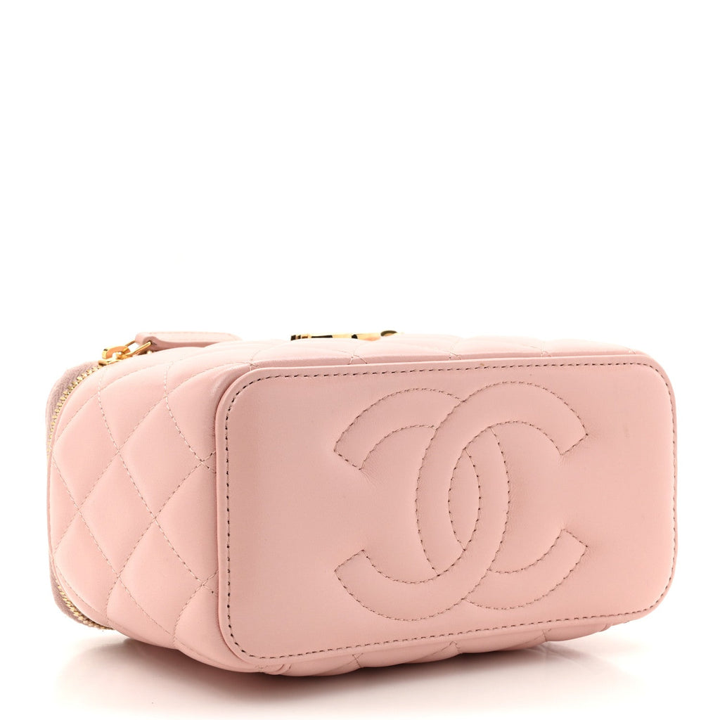 Lambskin Quilted Small Top Handle Vanity Case With Chain Light Pink