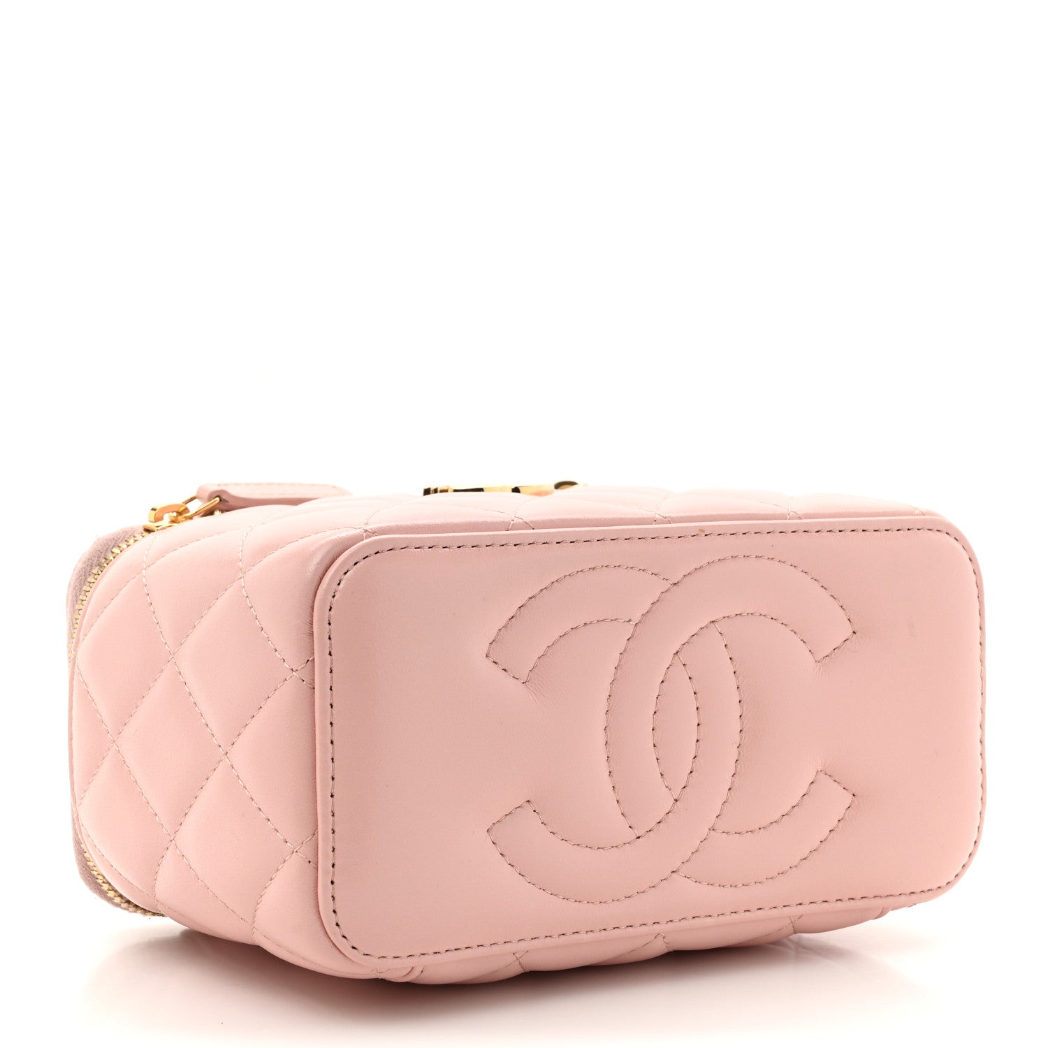 Lambskin Quilted Small Top Handle Vanity Case With Chain Light Pink