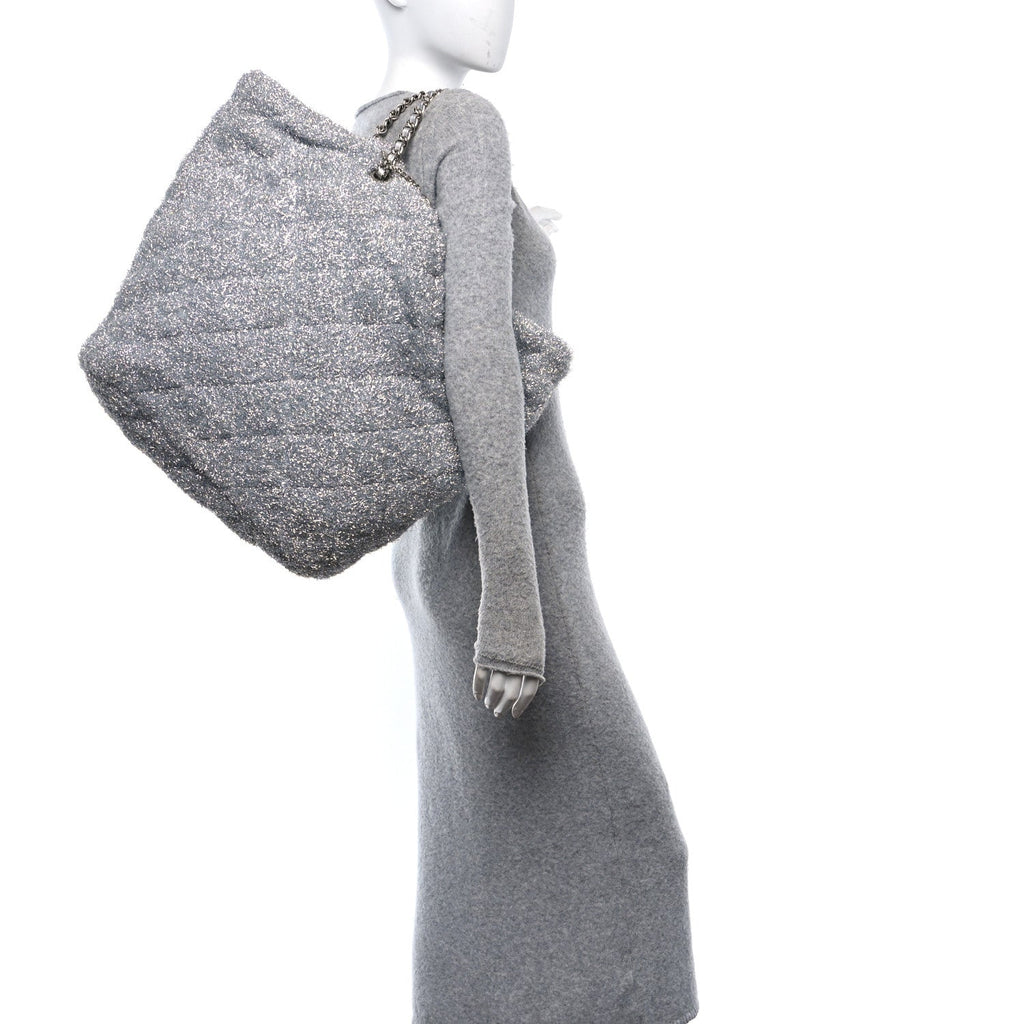 Knit Metallic Lambskin Large Shopping Tote Silver
