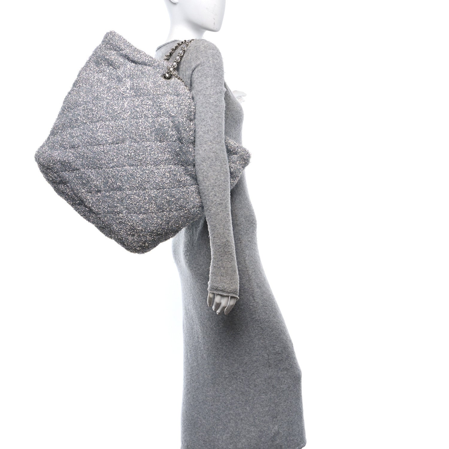Knit Metallic Lambskin Large Shopping Tote Silver