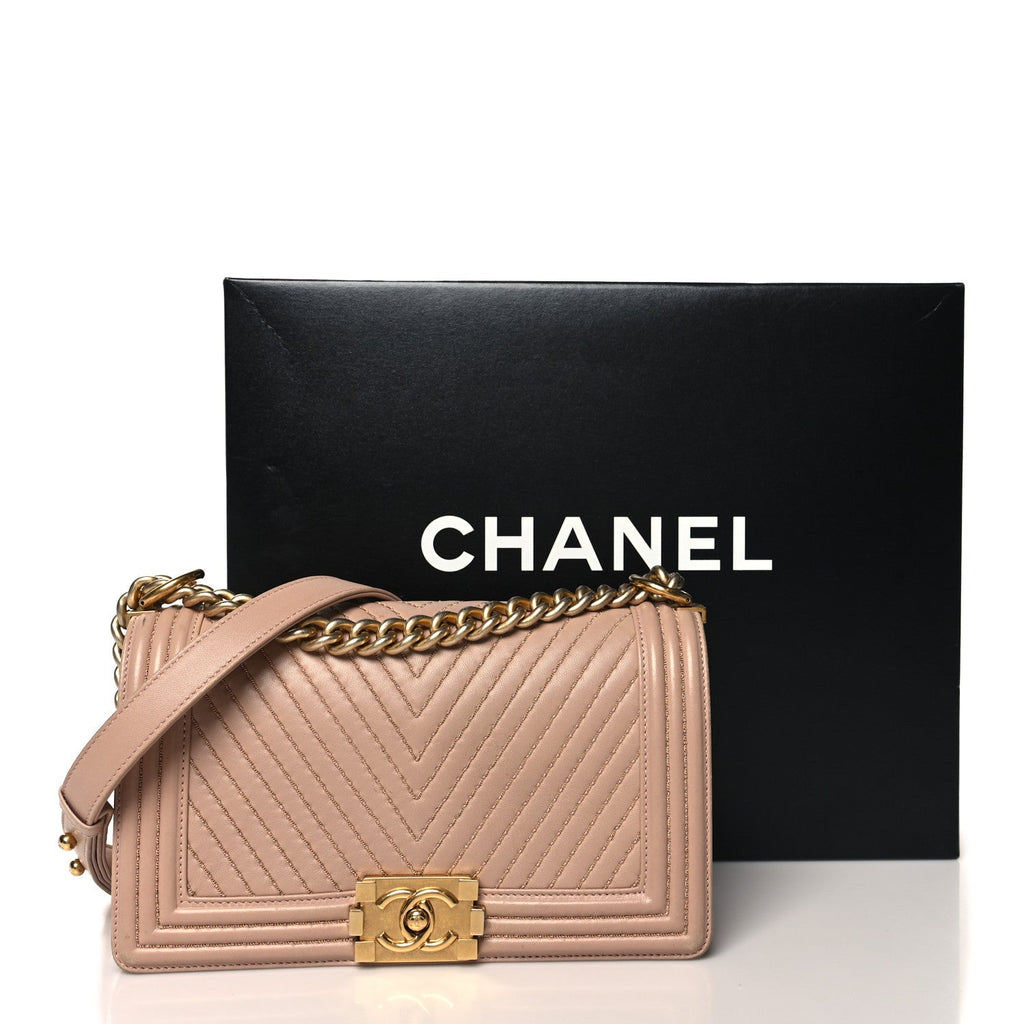 Lambskin Chevron Chain Stitched Medium Boy Flap Beige
