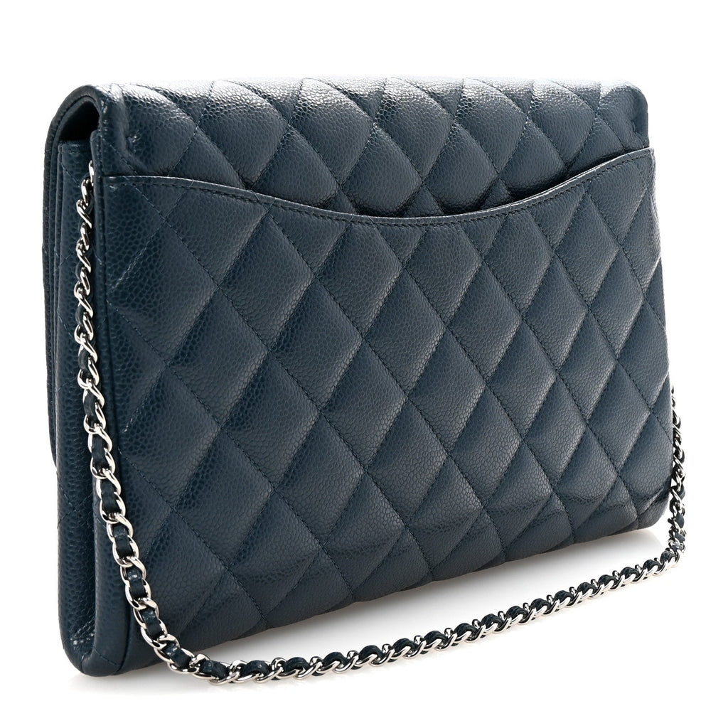 Caviar Quilted Clutch With Chain Flap  Blue