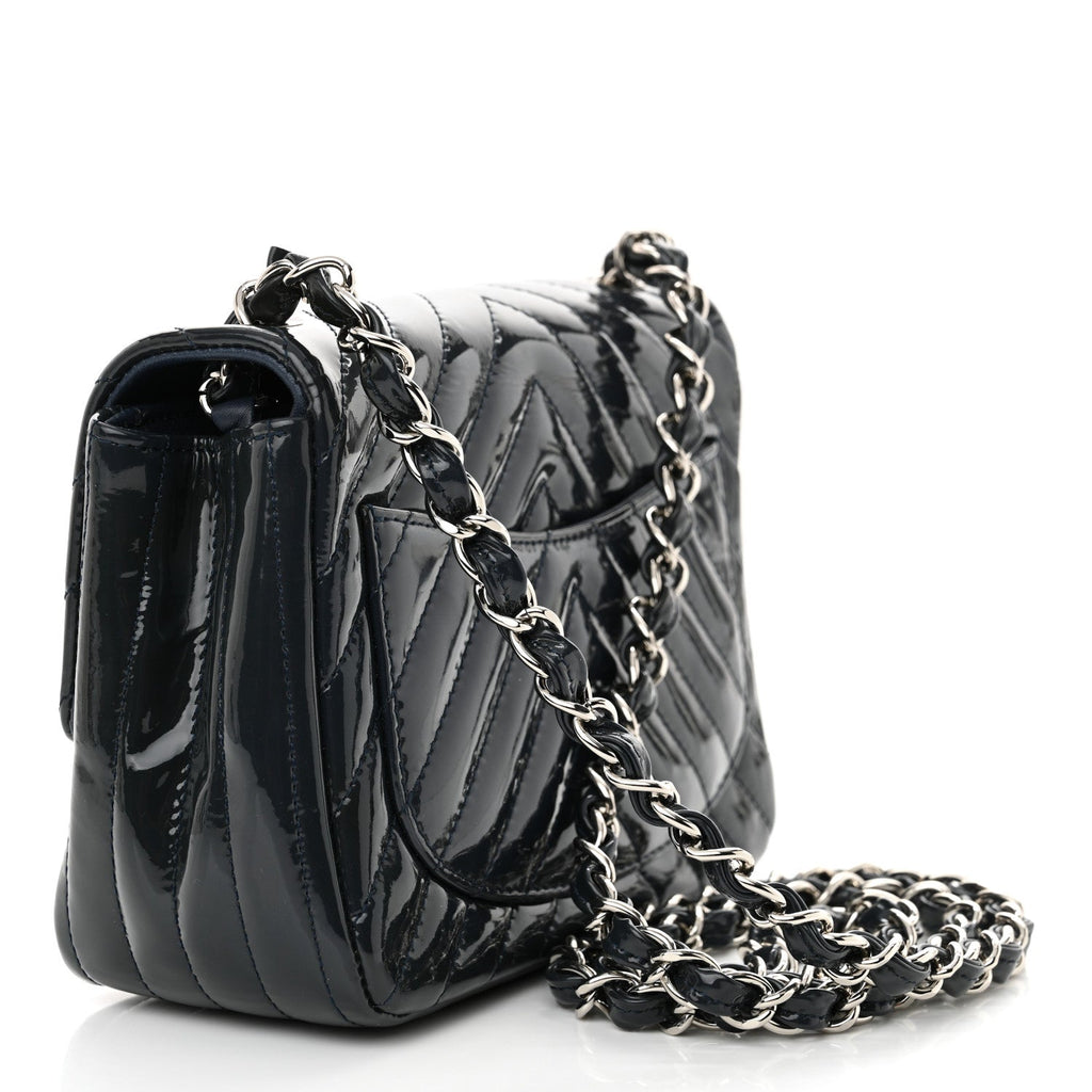 Patent Chevron Quilted Mini Square Flap Dark Blue