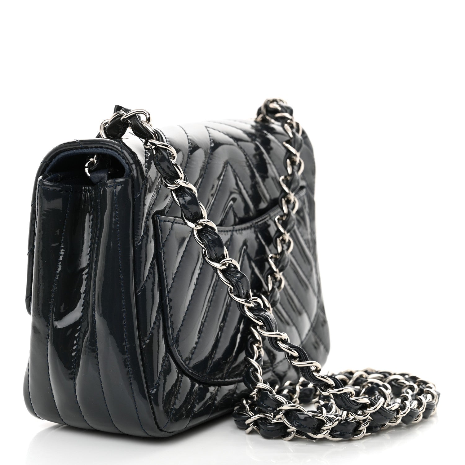 Patent Chevron Quilted Mini Square Flap Dark Blue