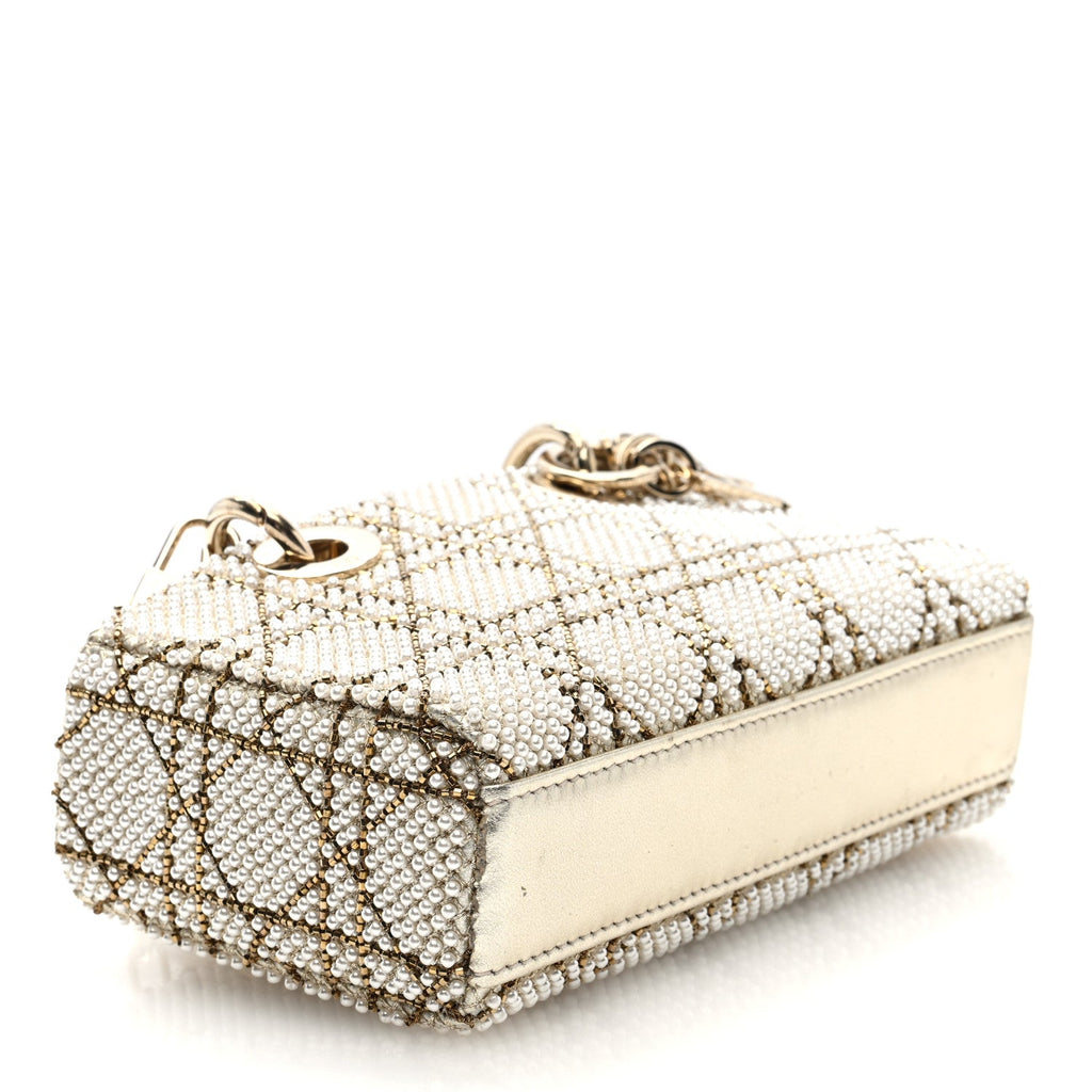 Lambskin Pearl Embroidered Micro Lady D-Joy Gold