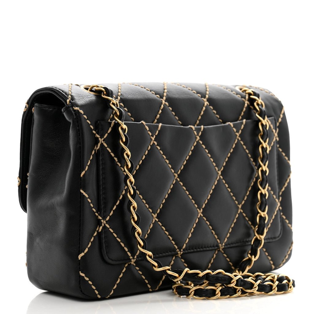 Calfskin Quilted Contrast Stitch Medium Flap Black