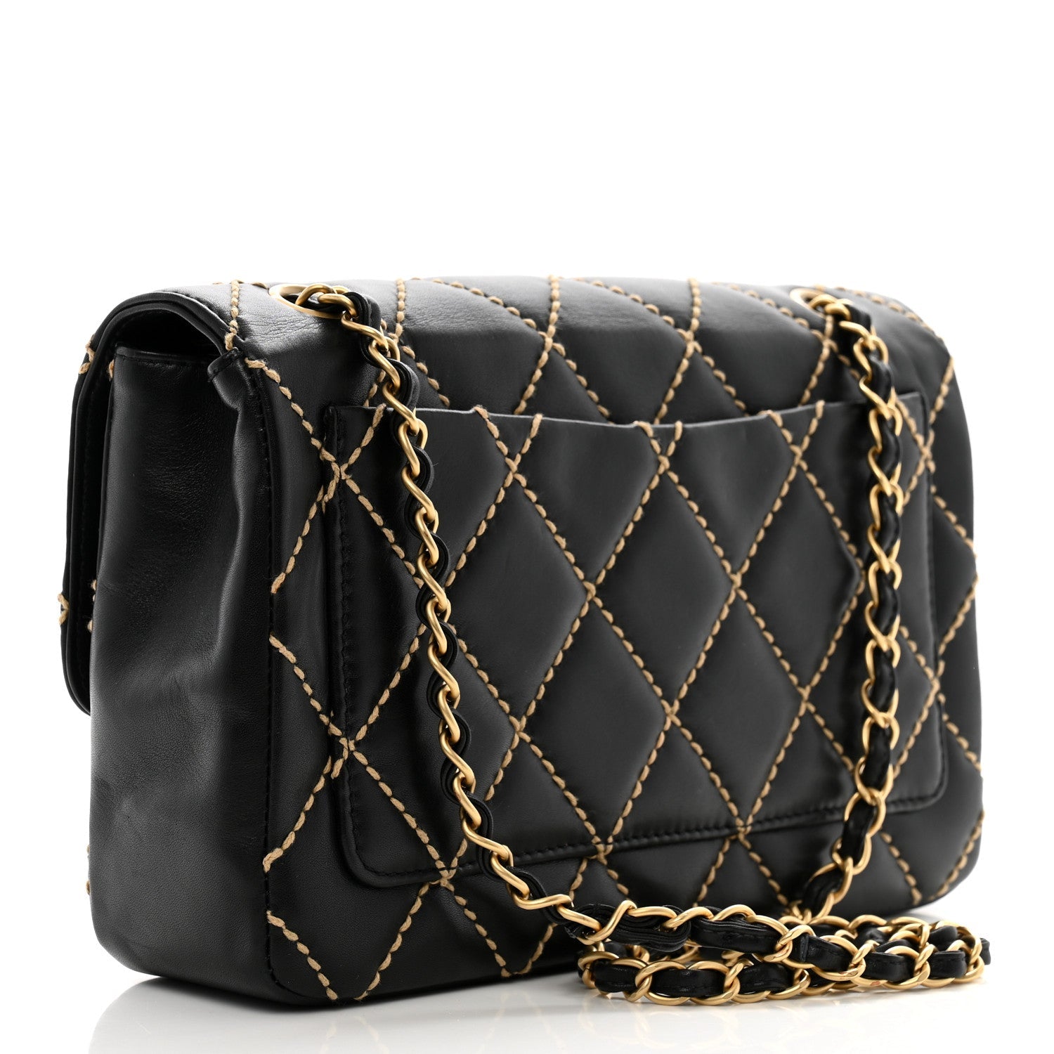 Calfskin Quilted Contrast Stitch Medium Flap Black